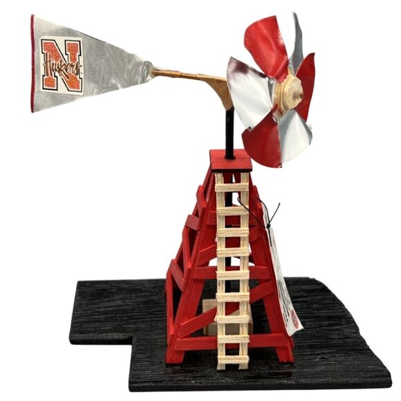 Handmade Other - NE Huskers Wooden Farm Windmill Miniature 6” Tall Nebraska GO BIG RED Metal Sail